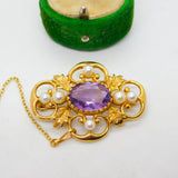 9ct Yellow Gold, Pearl & Amethyst Quatrefoil Floral Brooch Vintage 1972 London