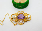 9ct Yellow Gold, Pearl & Amethyst Quatrefoil Floral Brooch Vintage 1972 London