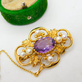9ct Yellow Gold, Pearl & Amethyst Quatrefoil Floral Brooch Vintage 1972 London