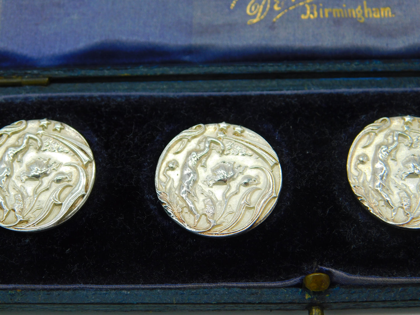 Edwardian Boxed Set Of Sterling Silver Halley's Comet Buttons Antique c1910