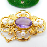 9ct Yellow Gold, Pearl & Amethyst Quatrefoil Floral Brooch Vintage 1972 London