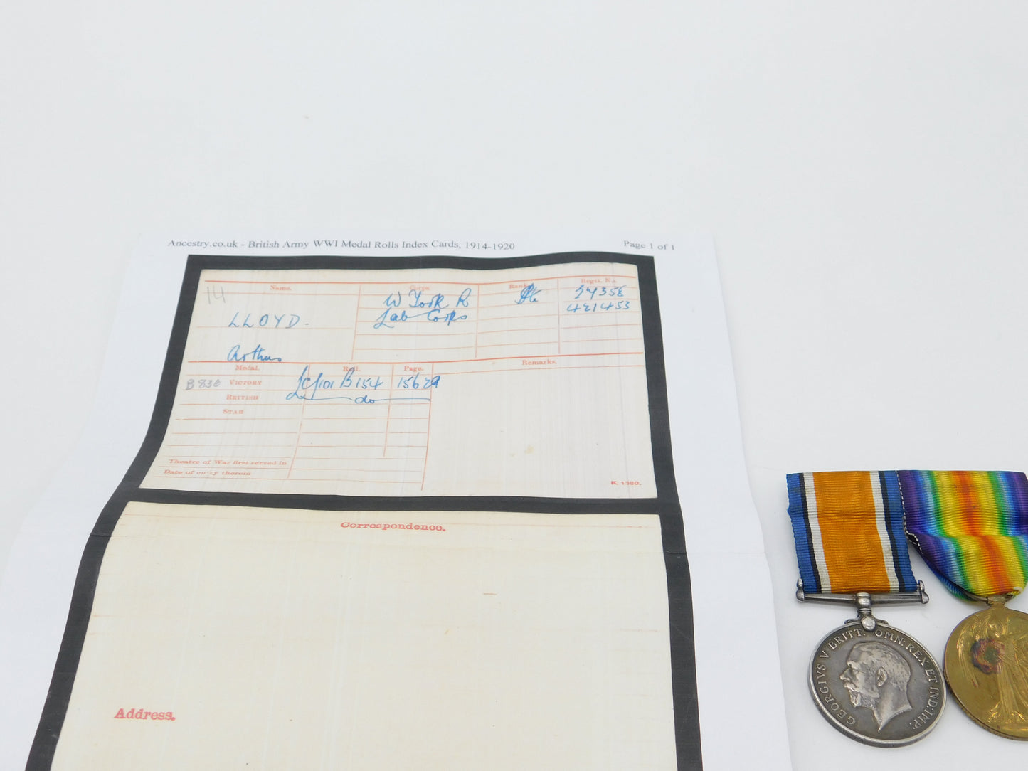 WW1 Medal Pair Service & Victory Medal with Paperwork 'Arthur Lloyd' 1918