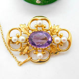 9ct Yellow Gold, Pearl & Amethyst Quatrefoil Floral Brooch Vintage 1972 London