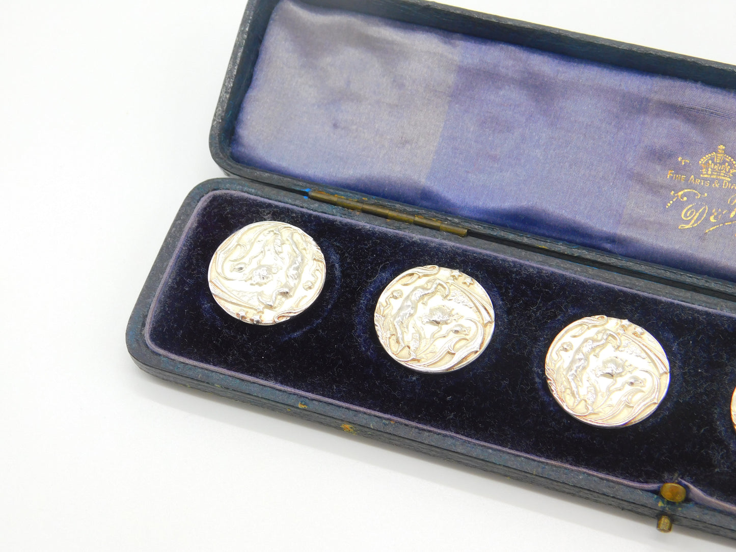 Edwardian Boxed Set Of Sterling Silver Halley's Comet Buttons Antique c1910