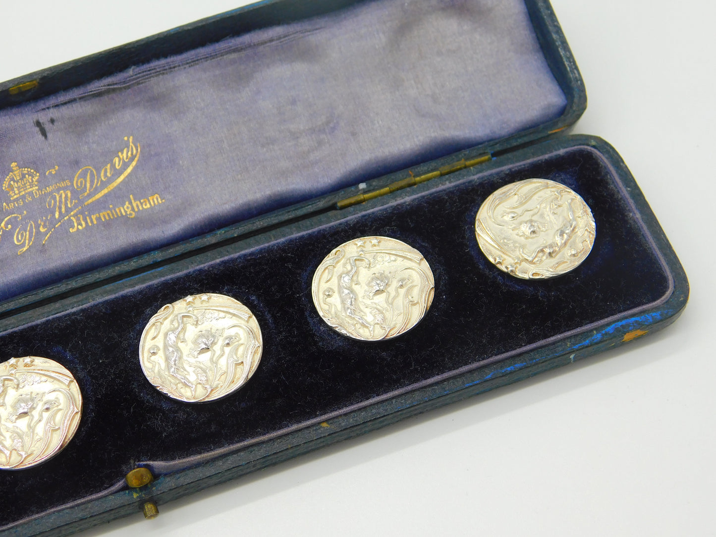 Edwardian Boxed Set Of Sterling Silver Halley's Comet Buttons Antique c1910