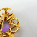9ct Yellow Gold, Pearl & Amethyst Quatrefoil Floral Brooch Vintage 1972 London