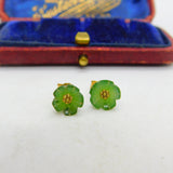 18ct Yellow Gold & Carved Nephrite Jade Floral Stud Earrings Vintage c1980