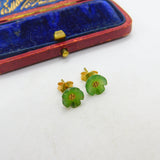 18ct Yellow Gold & Carved Nephrite Jade Floral Stud Earrings Vintage c1980