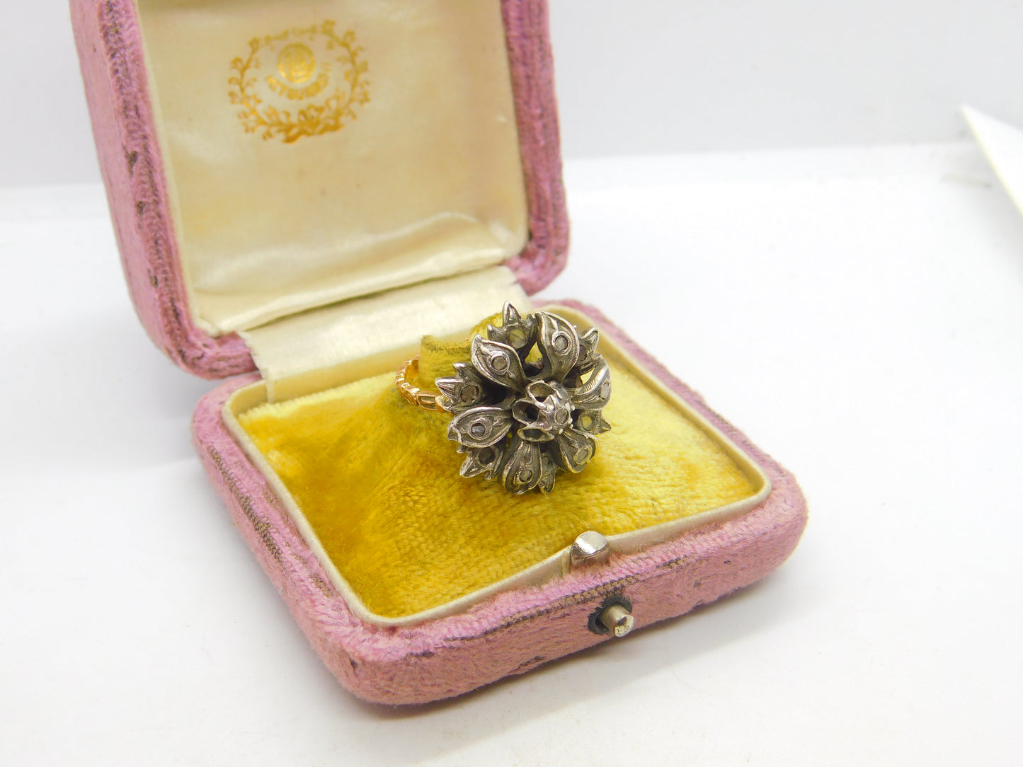 Georgian 18ct Gold & Silver Set Old Mine Cut Diamond Floral Ring c1810 Antique