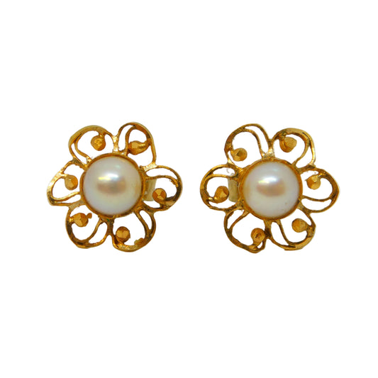 19th Century 18ct Gold Pearl Set Filigree Stud Earrings Antique c1890