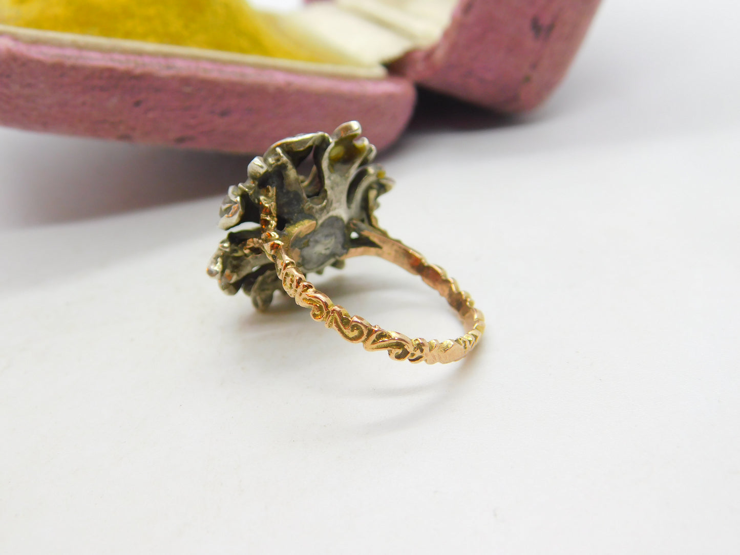 Georgian 18ct Gold & Silver Set Old Mine Cut Diamond Floral Ring c1810 Antique