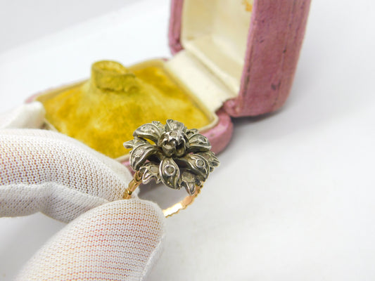 Georgian 18ct Gold & Silver Set Old Mine Cut Diamond Floral Ring c1810 Antique