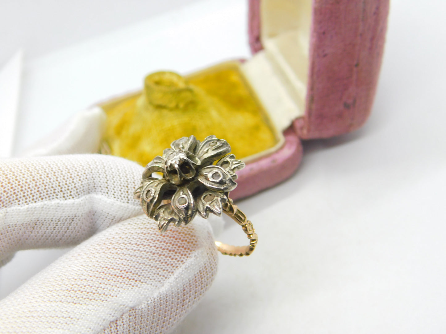 Georgian 18ct Gold & Silver Set Old Mine Cut Diamond Floral Ring c1810 Antique