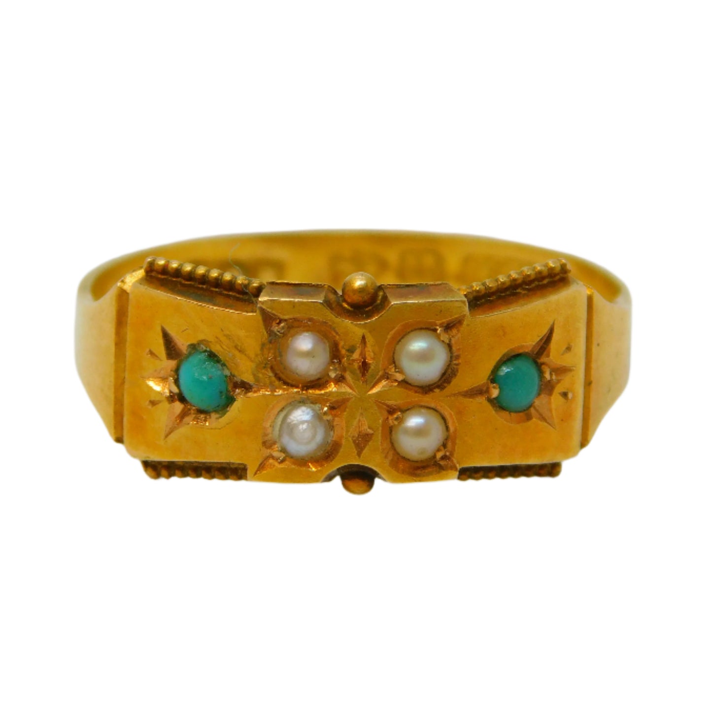 Victorian 15ct Yellow Gold, Turquoise & Pearl Floral Dress Ring Antique 1880