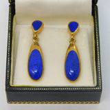 Pair of 9ct Yellow Gold & Lapis Lazuli Drop Stud Earrings Vintage Sheffield
