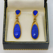 Pair of 9ct Yellow Gold & Lapis Lazuli Drop Stud Earrings Vintage Sheffield