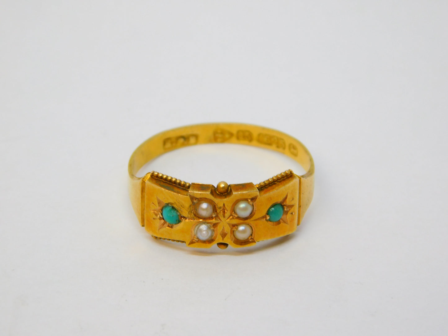 Victorian 15ct Yellow Gold, Turquoise & Pearl Floral Dress Ring Antique 1880