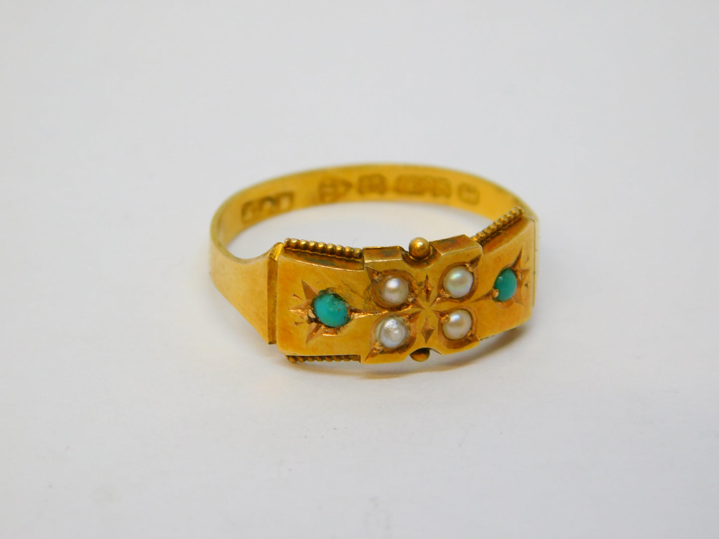 Victorian 15ct Yellow Gold, Turquoise & Pearl Floral Dress Ring Antique 1880