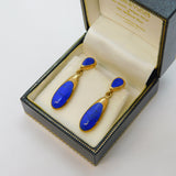 Pair of 9ct Yellow Gold & Lapis Lazuli Drop Stud Earrings Vintage Sheffield