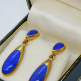 Pair of 9ct Yellow Gold & Lapis Lazuli Drop Stud Earrings Vintage Sheffield