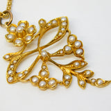 Edwardian 15ct Yellow Gold Seed Pearl Set Floral Pendant Necklace Antique c1910