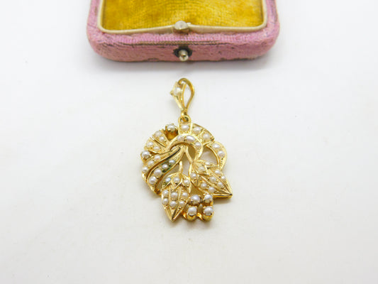 Edwardian 9ct Yellow Gold Seed Pearl Set Floral Drop Pendant Antique c1910