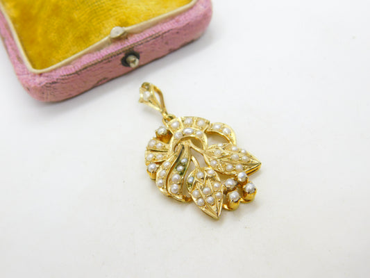 Edwardian 9ct Yellow Gold Seed Pearl Set Floral Drop Pendant Antique c1910