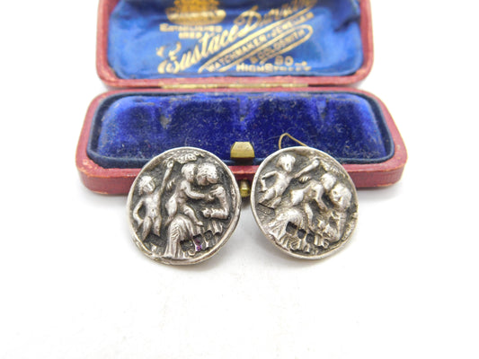 Pair of Victorian Sterling Silver Cherub Pattern Buttons 1897 London