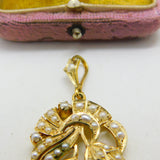 Edwardian 9ct Yellow Gold Seed Pearl Set Floral Drop Pendant Antique c1910