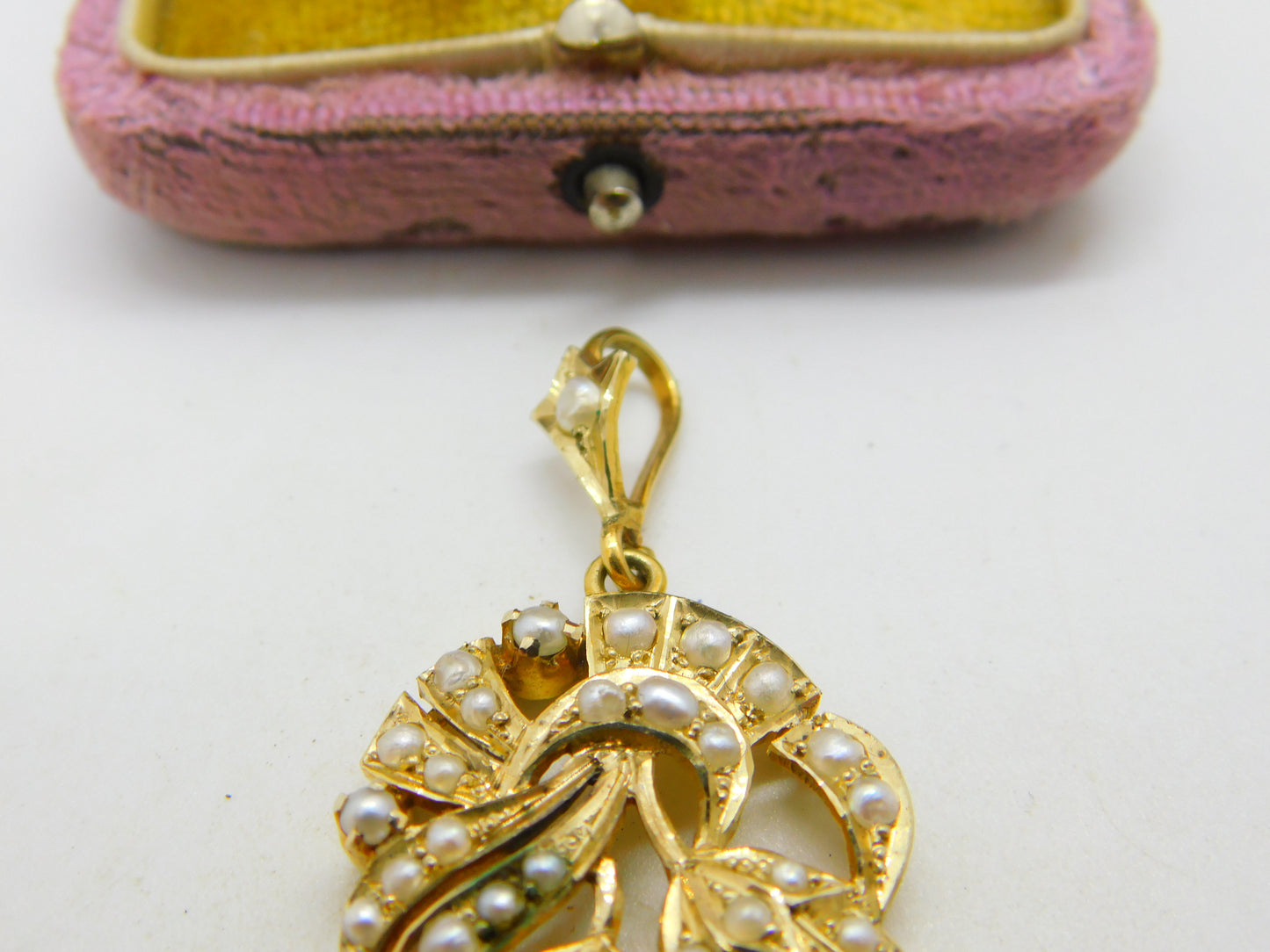 Edwardian 9ct Yellow Gold Seed Pearl Set Floral Drop Pendant Antique c1910