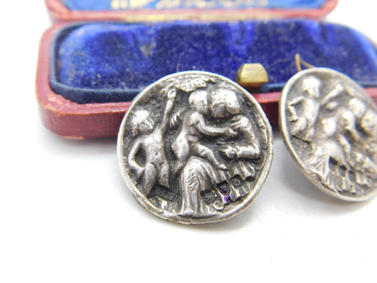 Pair of Victorian Sterling Silver Cherub Pattern Buttons 1897 London