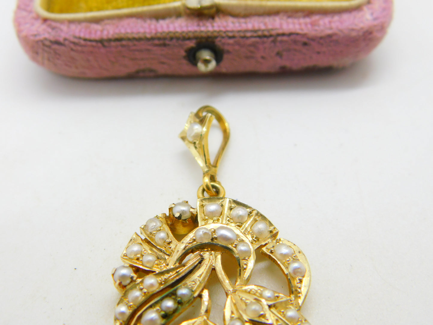 Edwardian 9ct Yellow Gold Seed Pearl Set Floral Drop Pendant Antique c1910