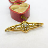 Edwardian 9ct Gold, Aquamarine & Seed Pearl Sweetheart Brooch Antique c1910