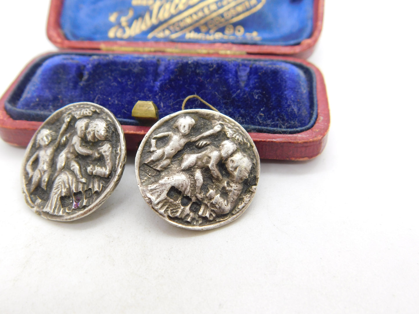 Pair of Victorian Sterling Silver Cherub Pattern Buttons 1897 London