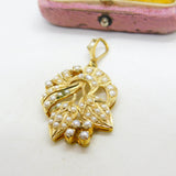 Edwardian 9ct Yellow Gold Seed Pearl Set Floral Drop Pendant Antique c1910