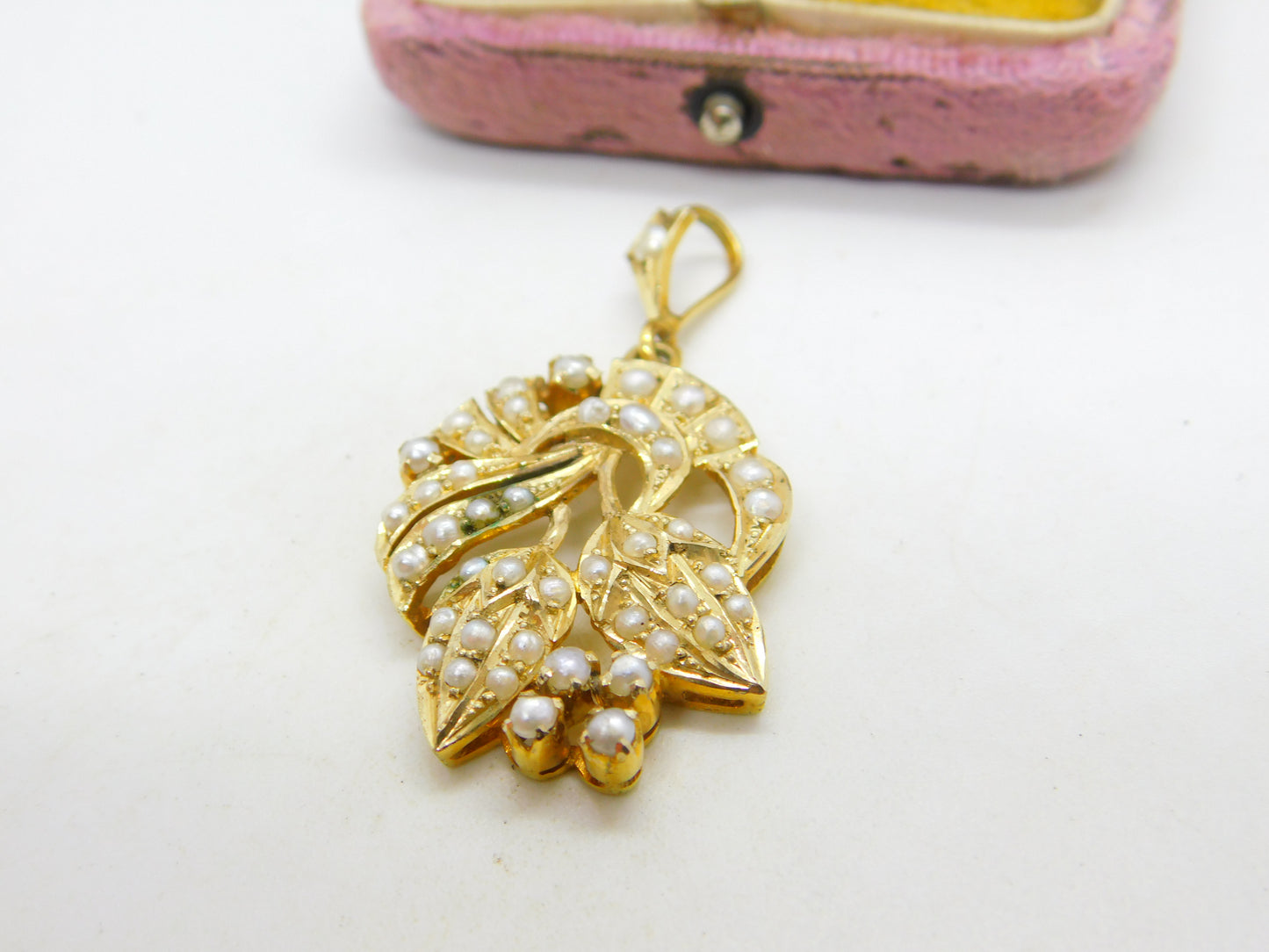 Edwardian 9ct Yellow Gold Seed Pearl Set Floral Drop Pendant Antique c1910