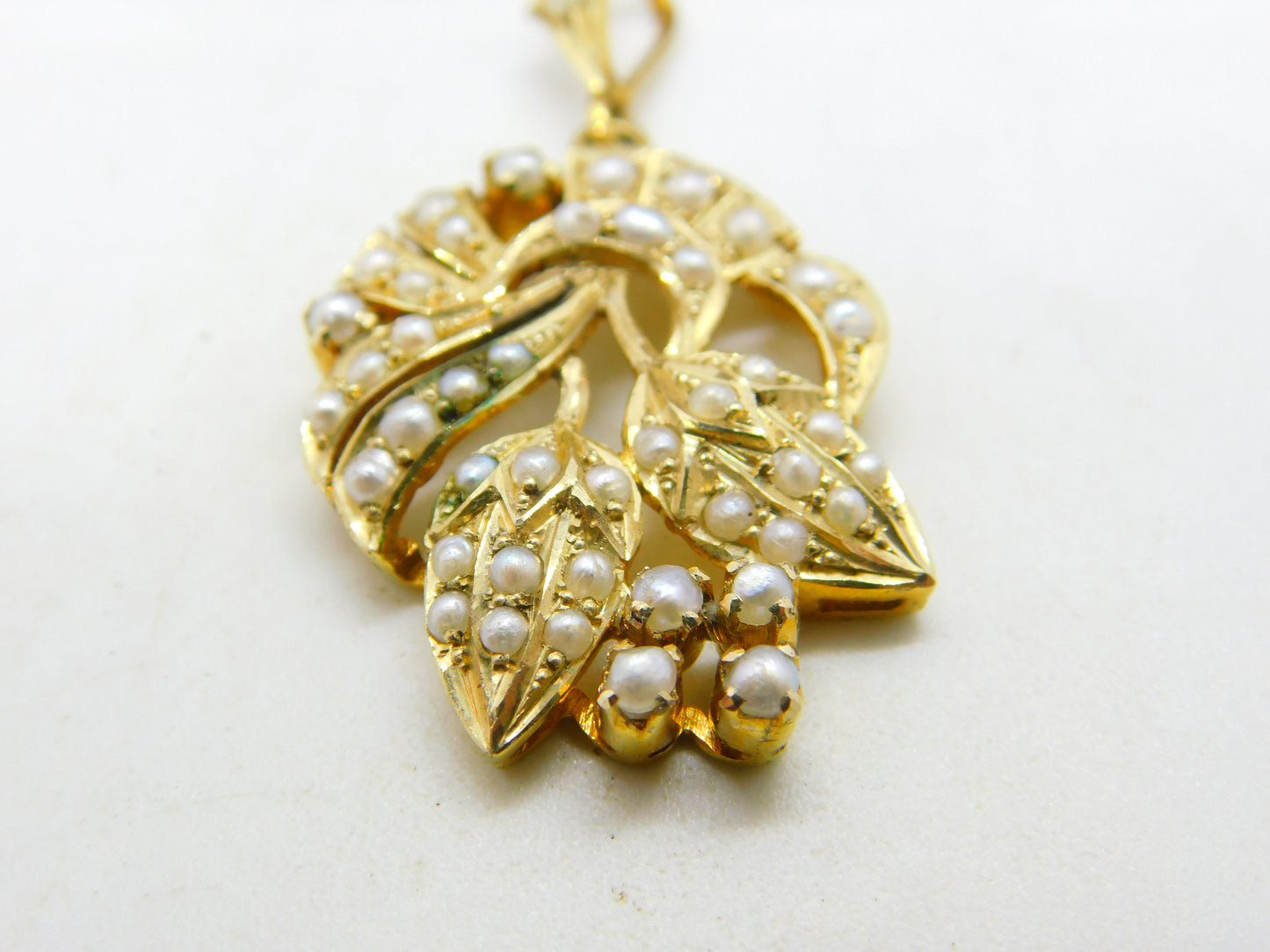 Edwardian 9ct Yellow Gold Seed Pearl Set Floral Drop Pendant Antique c1910