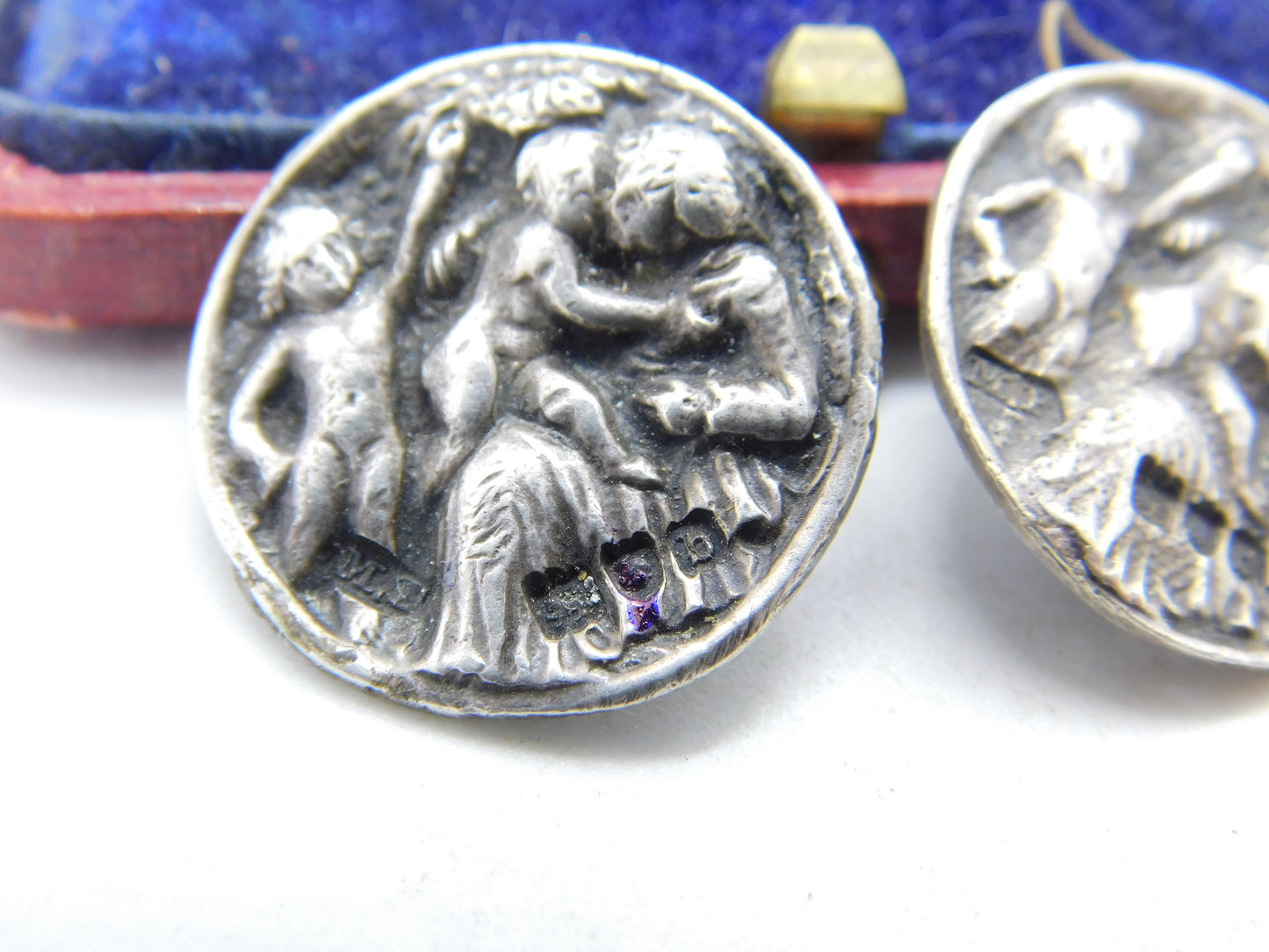 Pair of Victorian Sterling Silver Cherub Pattern Buttons 1897 London