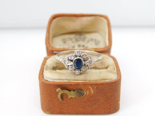 Sterling Silver, Blue Sapphire & Spinel Set Floral Cluster Ring Antique c1930