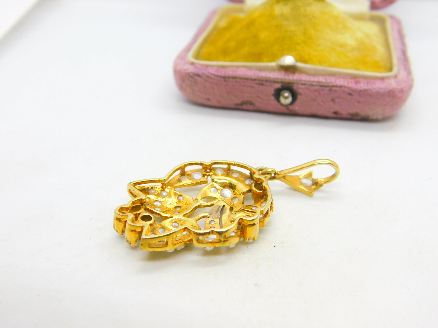 Edwardian 9ct Yellow Gold Seed Pearl Set Floral Drop Pendant Antique c1910