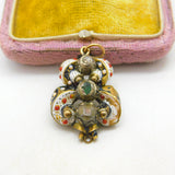 Austro 18ct Yellow Gold, Enamel, 0.3ct Old Cut Diamond & Emerald Pendant c1800