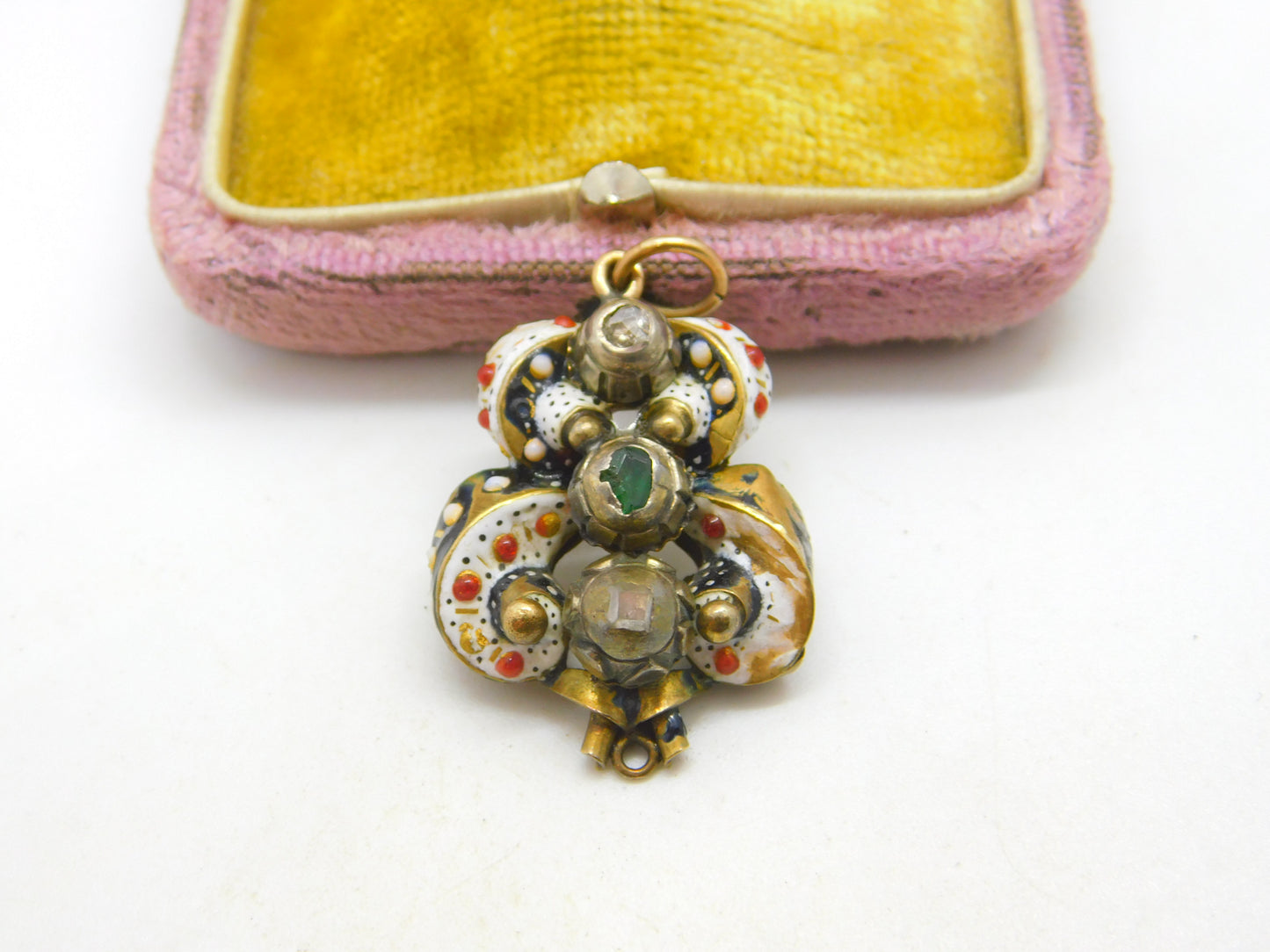 Austro 18ct Yellow Gold, Enamel, 0.3ct Old Cut Diamond & Emerald Pendant c1800