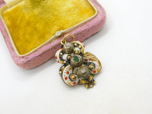 Austro 18ct Yellow Gold, Enamel, 0.3ct Old Cut Diamond & Emerald Pendant c1800