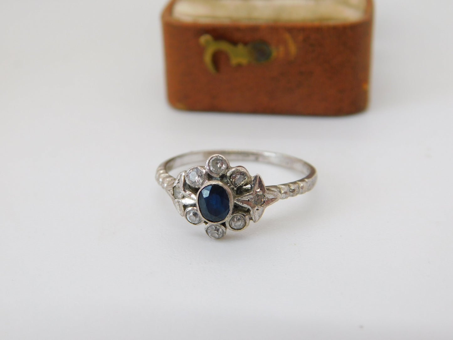 Sterling Silver, Blue Sapphire & Spinel Set Floral Cluster Ring Antique c1930