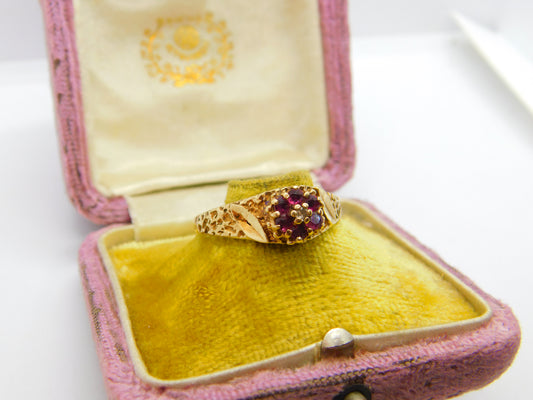 9ct Yellow Gold Ruby Floral Cluster Ring Vintage 1976 London Size Z+1 UK