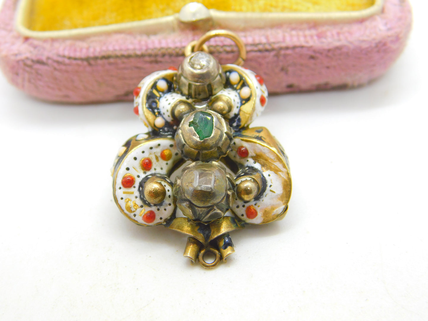 Austro 18ct Yellow Gold, Enamel, 0.3ct Old Cut Diamond & Emerald Pendant c1800