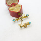 Victorian 15ct Gold, Turquoise, Diamond & Seed Pearl Double Knot Brooch c1850