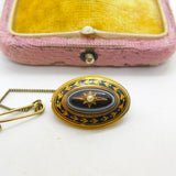 Victorian 15ct Gold, Banded Agate, Enamel, Seed Pearl Mourning Brooch c1840