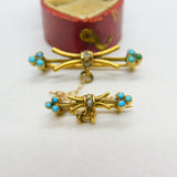 Victorian 15ct Gold, Turquoise, Diamond & Seed Pearl Double Knot Brooch c1850