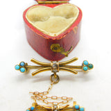 Victorian 15ct Gold, Turquoise, Diamond & Seed Pearl Double Knot Brooch c1850